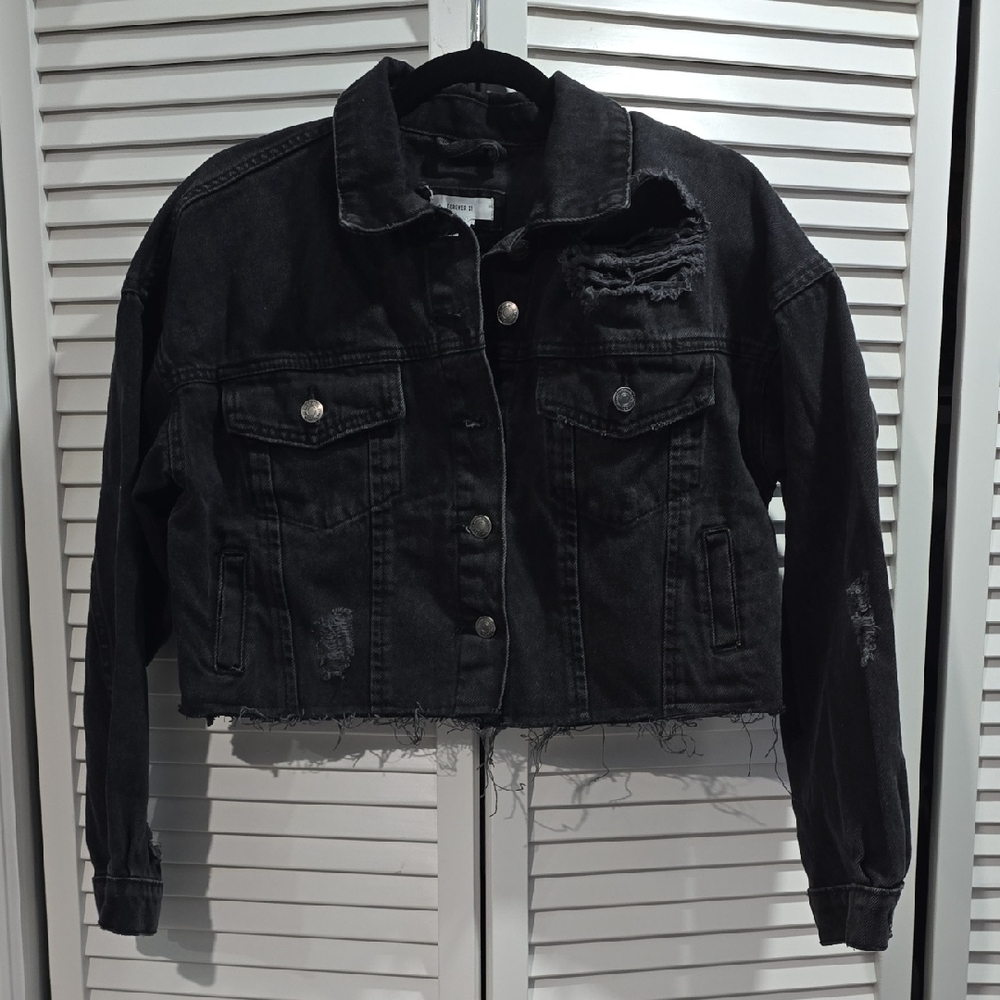 Forever 21 Black Distressed Denim Jacket, Size S